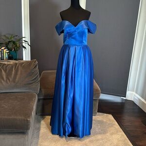 Women’s Blue Satin Off The Shoulder Full Length Prom Party Dress Corset Size 12